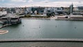 Aerial panoramic view Park of The Nations in Lisbon, Portugal with the iconic gondola ride visible on the foreground