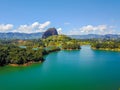 Aerial panoramic view of Penol lake and the famous homonym stone