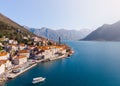 Aerial Panoramic view of Perast historic old town in Kotor Bay during a sunny spring day, Montenegro Royalty Free Stock Photo