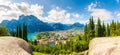 Aerial panoramic  view at the popular touristic landmark Riva del Garda village at lake Garda, Italy. on a beautiful summer day Royalty Free Stock Photo