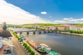 Aerial panoramic view of Prague city, historical center with Smichov district, Palackeho most bridge, row of buildings
