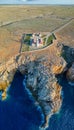 Aerial panoramic view of Punta Nati Lighthouse at north coast of Menorca