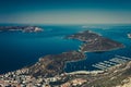 Aerial panoramic view of resort town Kas and turquoise coast area. Kas is small fishing, diving, yachting and tourist town. Antaly Royalty Free Stock Photo