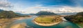 Aerial Panoramic View of a River in the valley surrounded by Canadian Landscape. Royalty Free Stock Photo