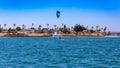 Aerial panoramic view of sailing & sailboarding at San Diego's Mission Bay