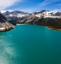 Aerial panoramic view of the scenic Bow Lake with a reflection of the mountains on the Icefields Parkway in Banff National Park Royalty Free Stock Photo