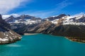 Aerial panoramic view of the scenic Bow Lake with a reflection of the mountains on the Icefields Parkway in Banff National Park Royalty Free Stock Photo