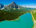 Aerial panoramic view of the scenic Waterfowl Lakes on the Icefields Parkway in Banff National Park Royalty Free Stock Photo