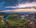 Aerial sunrise panoramic view of Seven Rila lakes in nature of mountain range, tourism in Bulgaria Royalty Free Stock Photo