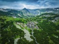 Aerial panoramic view of Seven Rila lakes and waterfalls in nature of mountain range, Bulgaria Royalty Free Stock Photo