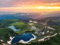 Aerial sunrise panoramic view of Seven Rila lakes mountain nature, hiking, trekking and tourism in Bulgaria Royalty Free Stock Photo