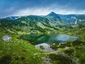 Aerial panoramic view of Seven Rila lakes and waterfalls in nature of mountain range, Bulgaria Royalty Free Stock Photo