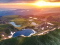 Aerial panoramic view of Rila mountain and Seven Rila lakes at sunrise, nature landscape of Bulgaria Royalty Free Stock Photo