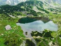 Aerial panoramic view of Seven Rila lakes and waterfalls in nature of mountain range, hiking, trekking and tourism in Bulgaria Royalty Free Stock Photo