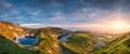 Aerial panoramic view of Seven Rila lakes and waterfalls in nature of mountain range, hiking, trekking and tourism in Bulgaria Royalty Free Stock Photo