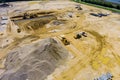 Aerial view of sewerge construction trench for laying external sewage drainage system construction at earthworks