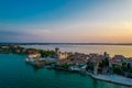 Aerial panoramic view of Sirmione city on lake Garda in Lombardy, Italy Royalty Free Stock Photo