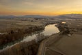 Aerial Panoramic View of the Skagit River and Surrounding Farmlands. Royalty Free Stock Photo