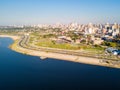 Aerial panoramic view of skyscrapers skyline of Latin American capital Asuncion city, Paraguay. Embankment of Paraguay river. Royalty Free Stock Photo