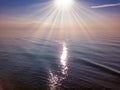 Aerial panoramic view of sunrise over sea. Nothing but sky, clouds and water Royalty Free Stock Photo