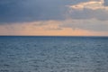 Aerial panoramic view of sunset over ocean. Nothing but sky, clouds and water. Beautiful serene Royalty Free Stock Photo