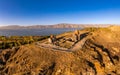 Aerial panoramic view of Surp Arakelots Holy Apostles church and chapel. Ancient Sevanavank Monastery complex and Sevan Royalty Free Stock Photo