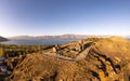 Aerial panoramic view of Surp Arakelots Holy Apostles church and chapel. Ancient Sevanavank Monastery complex and Sevan Royalty Free Stock Photo