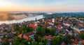 Aerial panoramic view about Szentendre downtown on a foggy spring morning.. Royalty Free Stock Photo