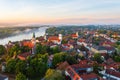 Aerial panoramic view about Szentendre downtown on a foggy spring morning.. Royalty Free Stock Photo