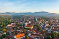 Aerial panoramic view about Szentendre downtown on a foggy spring morning.. Royalty Free Stock Photo