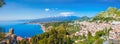 Aerial panoramic view of Taormina located in Metropolitan City of Messina, on east coast of Sicily island, Italy