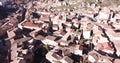 Aerial panoramic view of tiled housetops and Cathedral in medieval Daroca, Spain