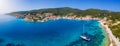 Aerial, panoramic view to the beautiful town of Fiscardo, Kefalonia island, Greece