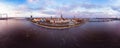 Aerial panoramic view to histirical center Riga, quay of river Daugava. Famous Landmark - st. Peter`s Church`s tower and