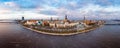 Aerial panoramic view to histirical center Riga, quay of river Daugava. Famous Landmark - st. Peter`s Church`s tower and