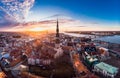 Aerial panoramic view to histirical center Riga, quay of river Daugava. Famous Landmark - st. Peter's Church's tower and