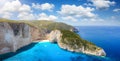Aerial panoramic view to the Navagio shipwreck beach on the Ionian island of Zakynthos, Greece Royalty Free Stock Photo