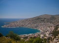 Aerial Panoramic view to Saranda city and bay of Ionian sea from Lekuresi Castle, Albania Royalty Free Stock Photo