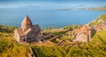 panoramic view to Sevanavank Monastery and chapel overlooking famous Sevan lake at sunny spring day. Travel and tourist Royalty Free Stock Photo