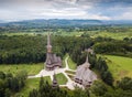 Aerial panoramic view of traditional ancient Maramures wooden orthodox church in Transylvania with highest wooden Royalty Free Stock Photo