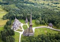 Aerial panoramic view of traditional ancient Maramures wooden orthodox church in Transylvania with highest wooden Royalty Free Stock Photo