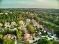 Aerial panoramic view of an upscale subdivision shot during golden hour