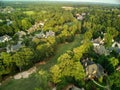 Aerial panoramic view of an upscale subdivision shot during golden hour