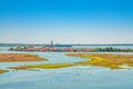 Aerial panoramic view of Venetian Lagoon with Burano island, water canals and swamp