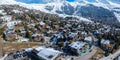 Aerial panoramic view of the Verbier ski resort town in Switzerland.