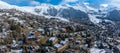 Aerial panoramic view of the Verbier ski resort town in Switzerland.