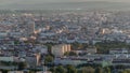 Aerial panoramic view of Vienna city with skyscrapers, historic buildings and a riverside promenade timelapse in Austria Royalty Free Stock Photo
