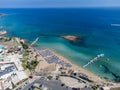 Aerial panoramic view on holidays resorts and blue crystal clear water on Mediterranean sea near Fig Tree beach, Protaras, Cyprus Royalty Free Stock Photo