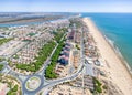 Aerial Panoramic wide angle view of Punta Umbria village and beach, in Huelva province, Andalusia, Spain Royalty Free Stock Photo