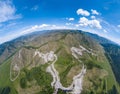 Panoramic wide banner view of a Chike-Taman pass in the Altai mountains with green trees, Blue sky and clouds Royalty Free Stock Photo